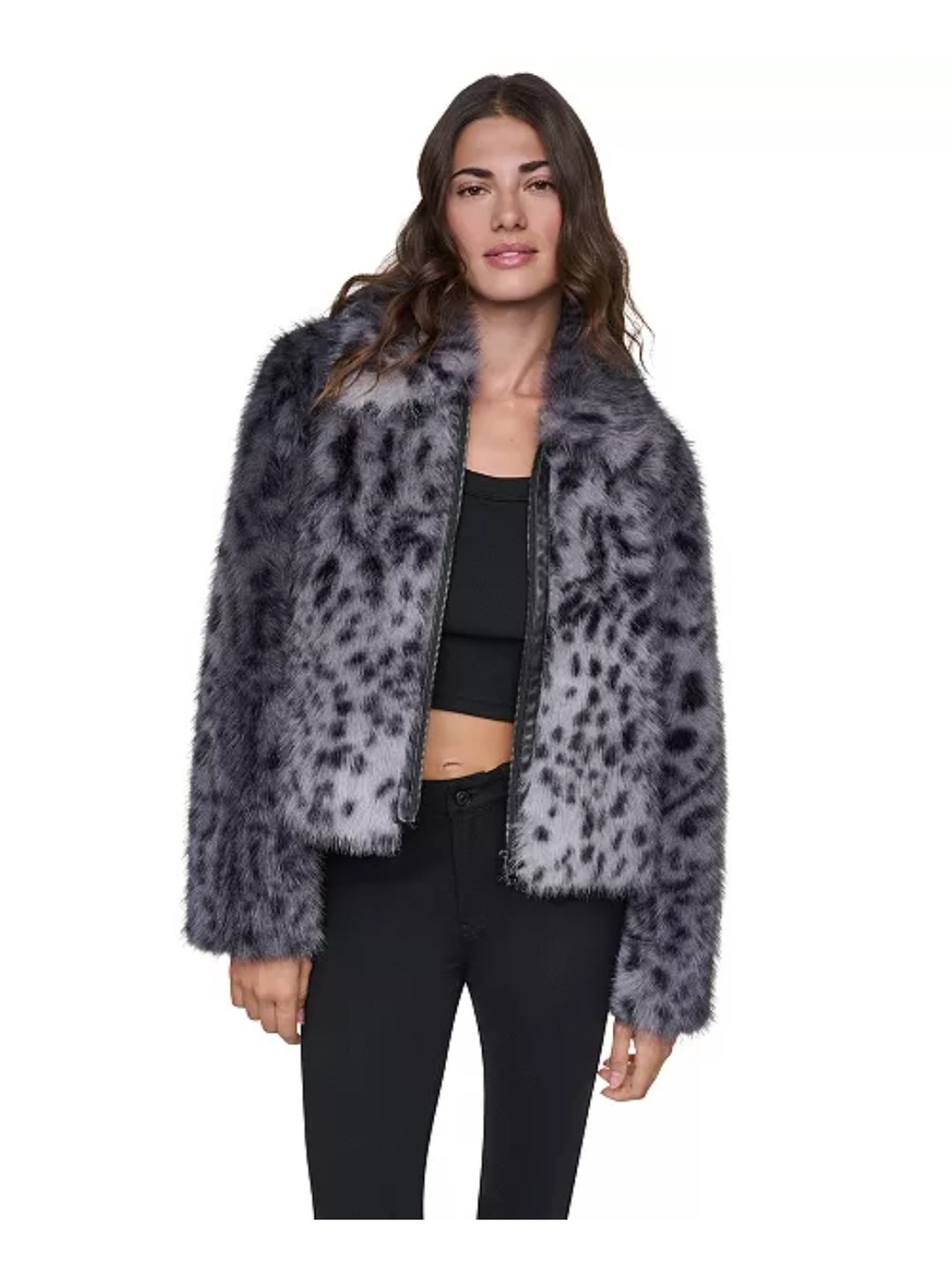 Faux Fur Leopard-Print Jacket - Gray